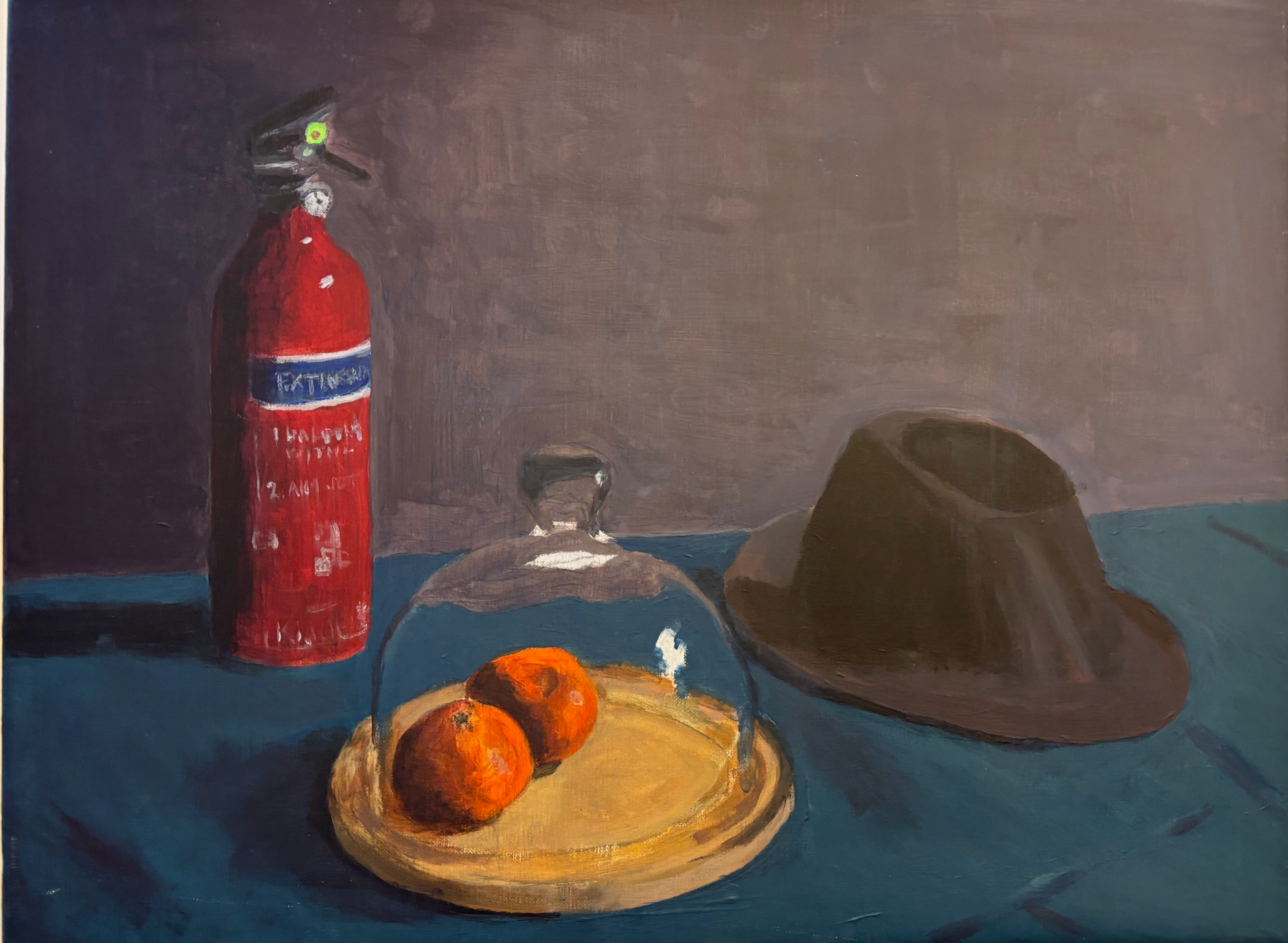 Hat, fruit and fire extinguisher